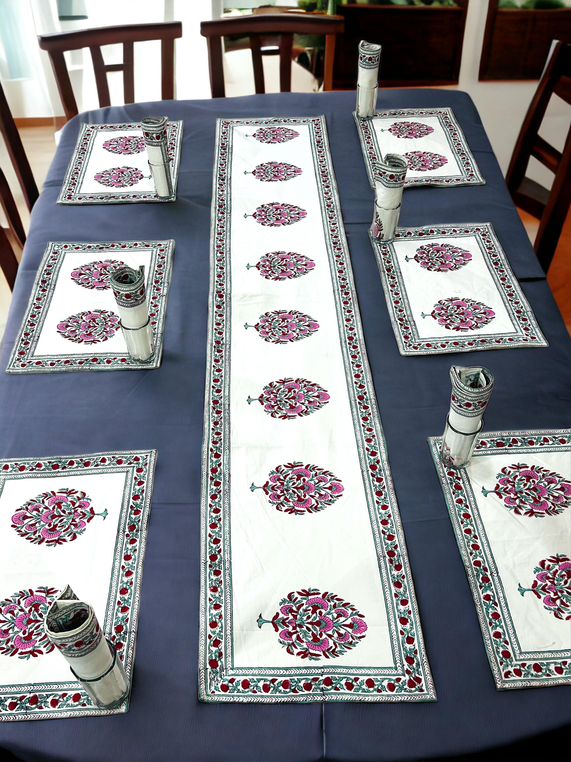 custom made silk screen printed 100% cotton table runners with matching table mats ideal for home textile stores for resale