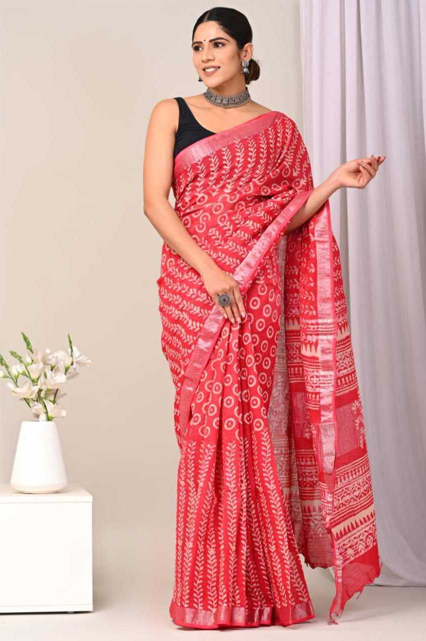 Custom made hand blocked printed 100 % linen sarees for women of all ages in fern leaf design in vibrant red & white colour