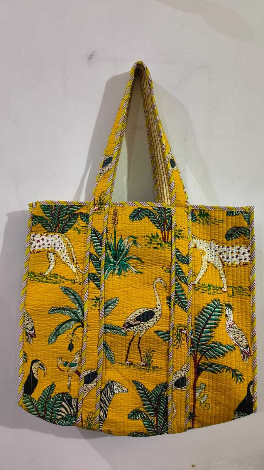 custom made in ocean blue colour kantha embroidered and animal design printed shopping bags from 100% cotton fabric for resale