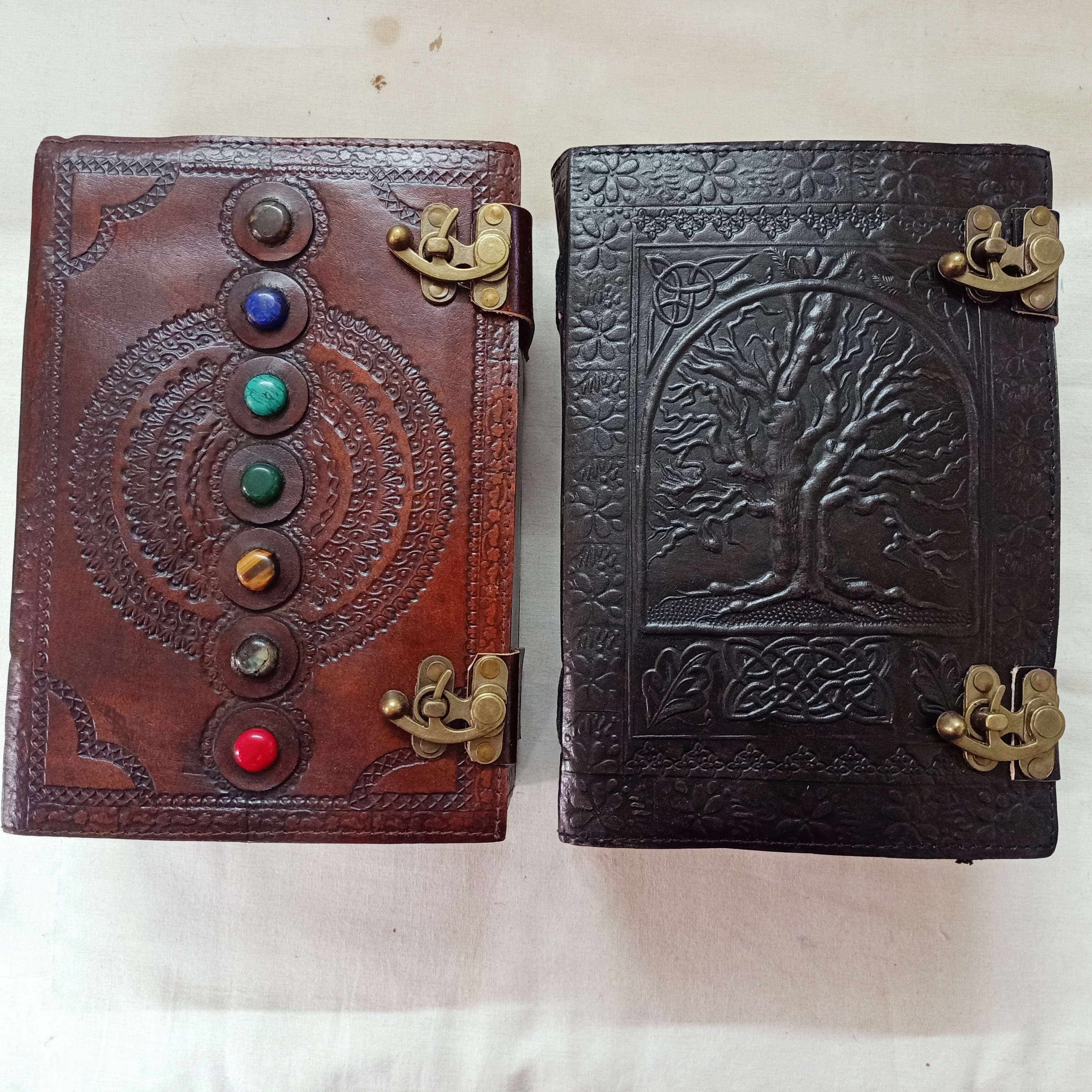 custom made large size jumbo leather journals in size 7*10 inches with 600 pages with 7 chakra gemstone and tree of life