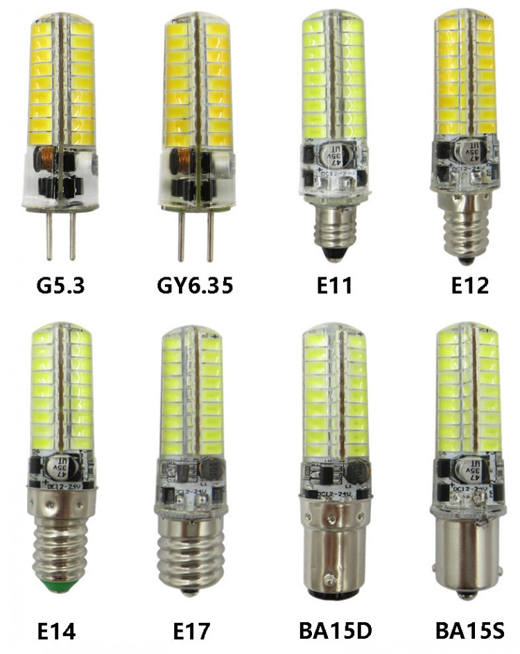 LED GY6.35 G5.3 E11 E12 E14 E17 BA15D BA15S T10 crystal light 5730-72 corn bulb lamp constant current AC/DC12V silicone