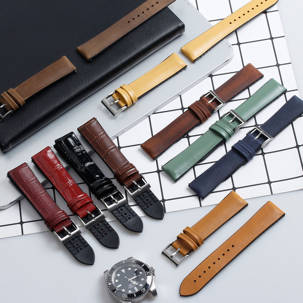 18mm 20mm 22mm 24mm Dark Blue Brown Black High Quality Genuine Leather Silicone Rubber Sport Style Watch Strap