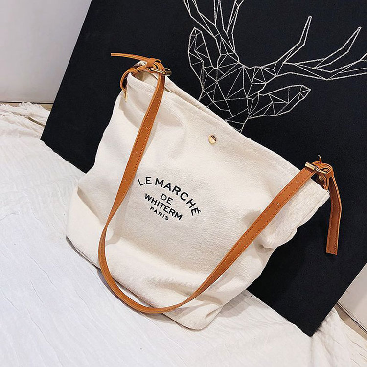 New Fashion Design Custom Logo Color Cotton Brown Handles Tote Bag Printed Canvas Tote Shoulder Bags with Leather Hand