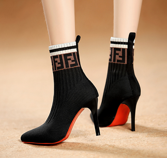 Fashion Style Autumn Winter Letter F Women Pointed Stiletto Elastic Knitted Fabric Short Long Sock Heels Boots Popular