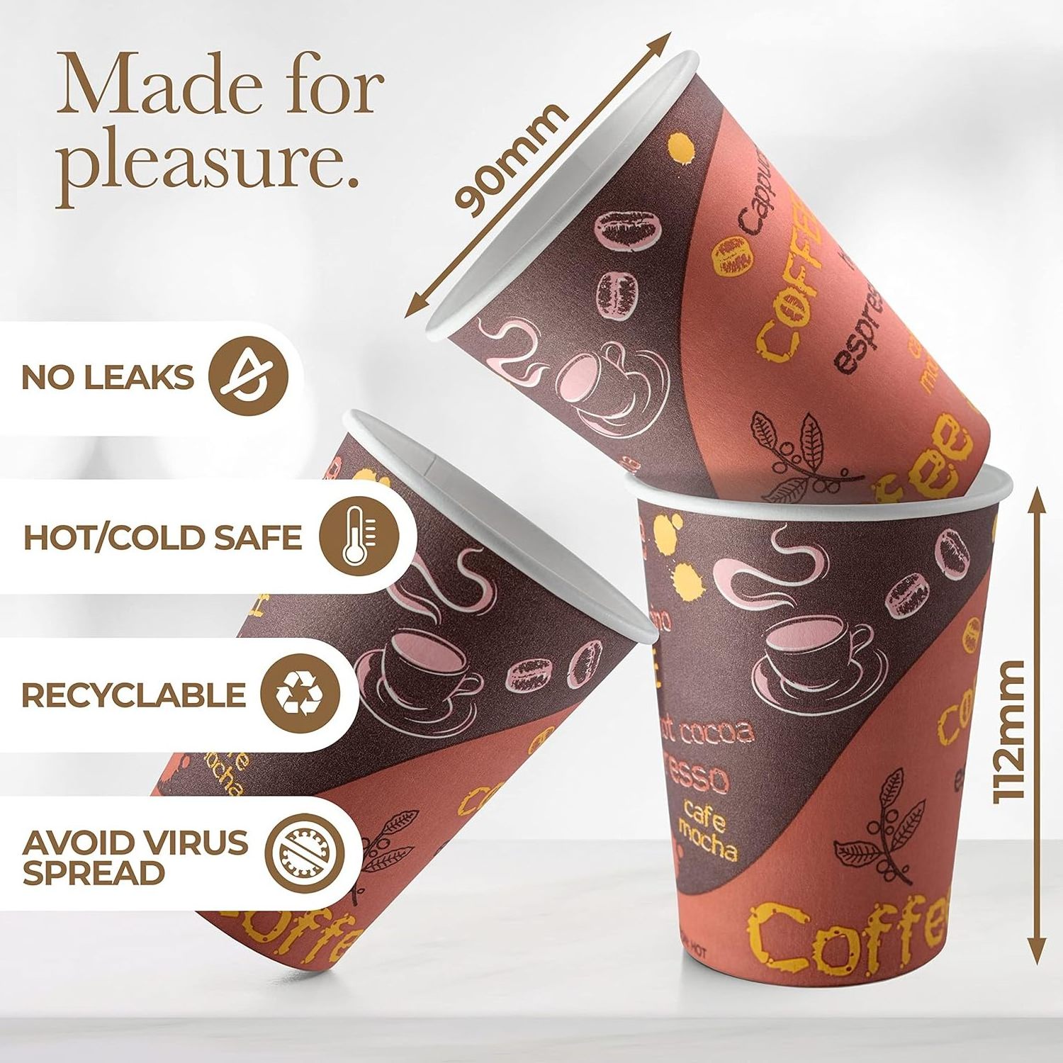 Disposable Coffee Cups with Lids 12 oz (100 Pack) - To Go Paper for Hot & Cold Beverages, Coffee, Tea, Chocolate, Water, Juice