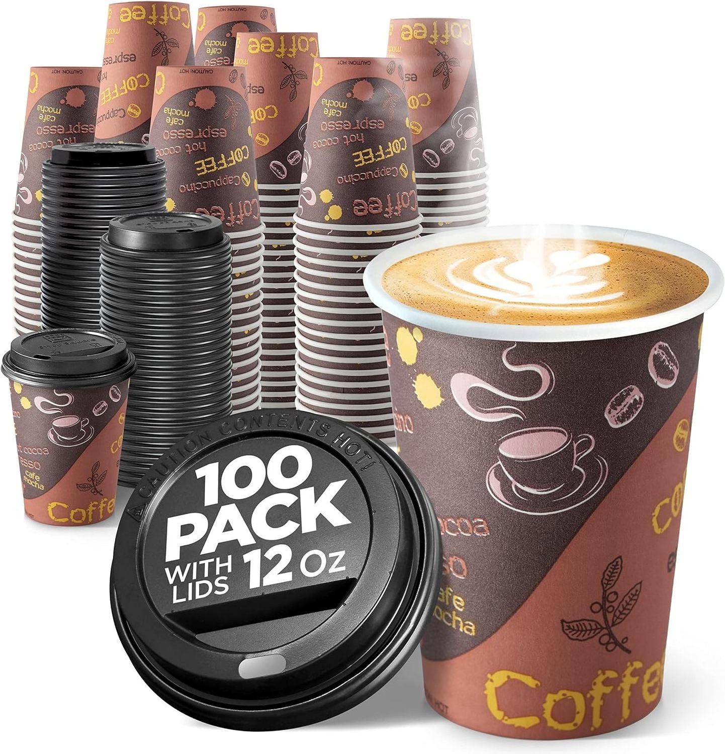 Disposable Coffee Cups with Lids 12 oz (100 Pack) - To Go Paper for Hot & Cold Beverages, Coffee, Tea, Chocolate, Water, Juice