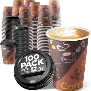 Disposable Coffee Cups with Lids 12 oz (100 Pack) - To Go Paper for Hot & Cold Beverages, Coffee, Tea, Chocolate, Water, Juice