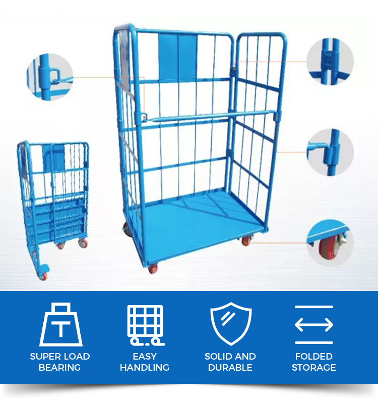 Custom 4 wheel collapsible warehouse heavy duty 660lbs platform steel logistics roll cart cage trolley