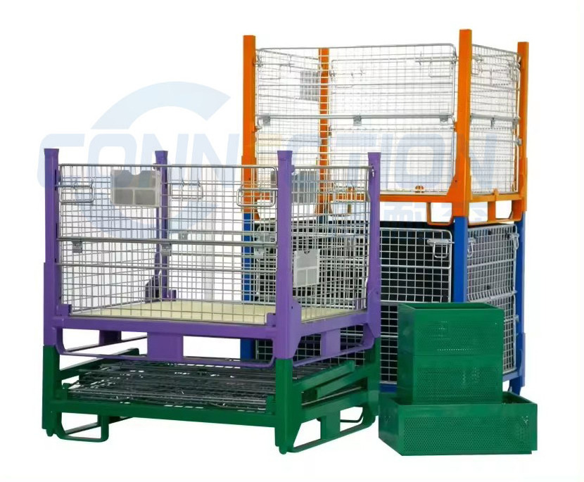 Warehouse Powder Coating Coating Foldable Wire Mesh Storage Cage Steel Pallet Cage Metal Crate For Material Handing Storage