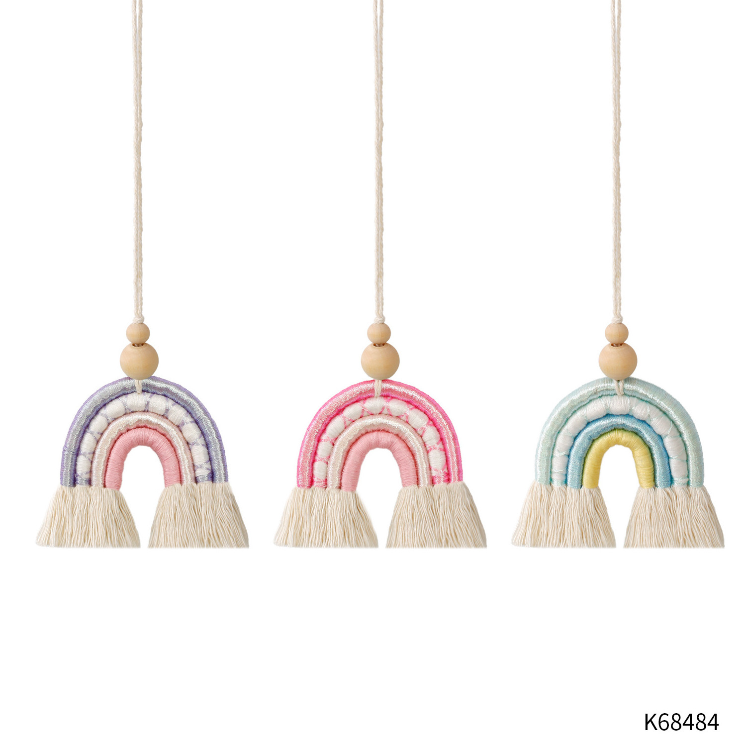 2024 Wholesale Hand Woven Cotton Rainbow Shinny Charm Hanging Wall Decor Ornaments U Shape Macrame Hanging Car Perfume Diffuser