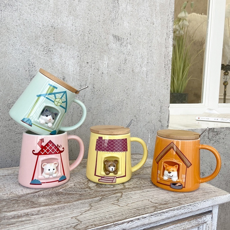 customized hand painted cute 3d animal cat bear dog ceramic coffee mugs with cover stainless steel spoon