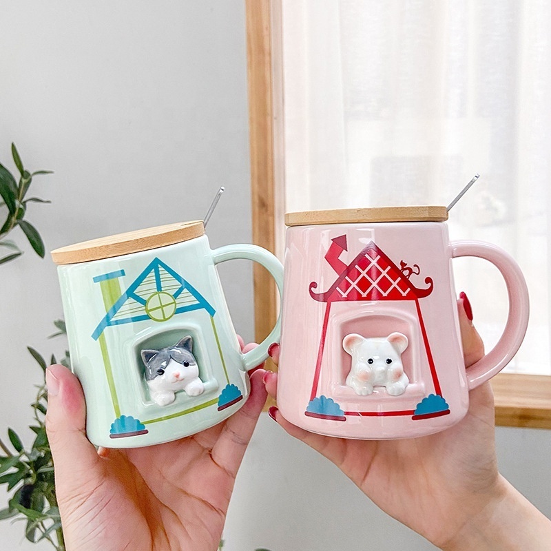 customized hand painted cute 3d animal cat bear dog ceramic coffee mugs with cover stainless steel spoon