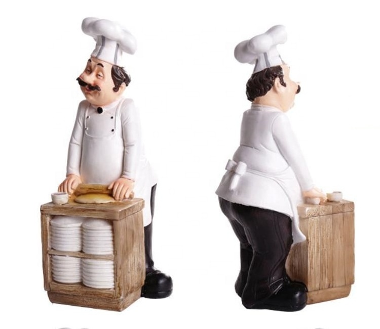 Factory wholesale new design resin kitchen decoration chef figure sculpture cook statues with chalkboard