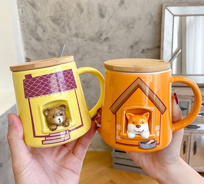 customized hand painted cute 3d animal cat bear dog ceramic coffee mugs with cover stainless steel spoon