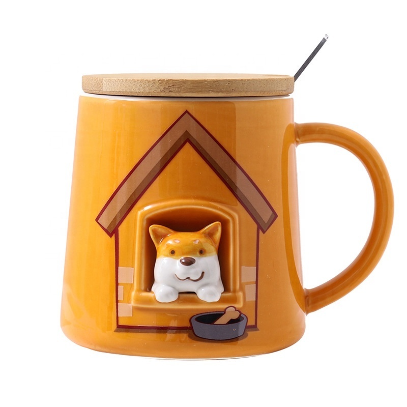 customized hand painted cute 3d animal cat bear dog ceramic coffee mugs with cover stainless steel spoon