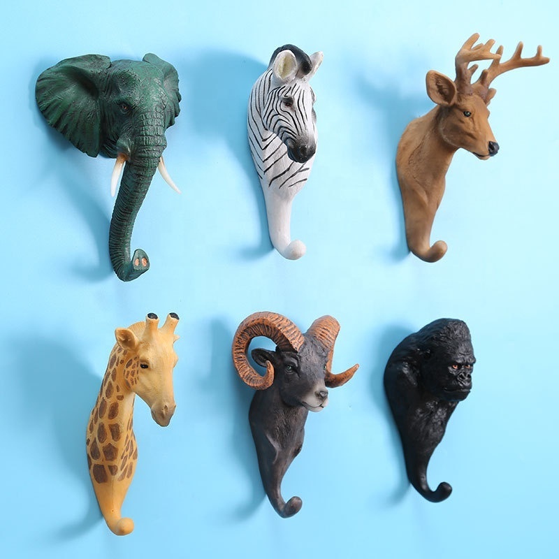 Resin animal elephant zebra goat deer orangutan giraffe head statue novelty wall arts decorative jacket hooks