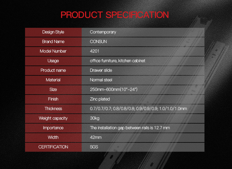 CONSUN  Manufacture Furniture Hardware Kitchen Cabinet 42mm Ball Bearing Normal Closing Drawer Slide