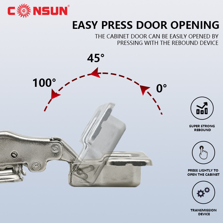 Consun Furniture Hardware Rebound Concealed hinges push to open cabinet with soft close clip on hinge