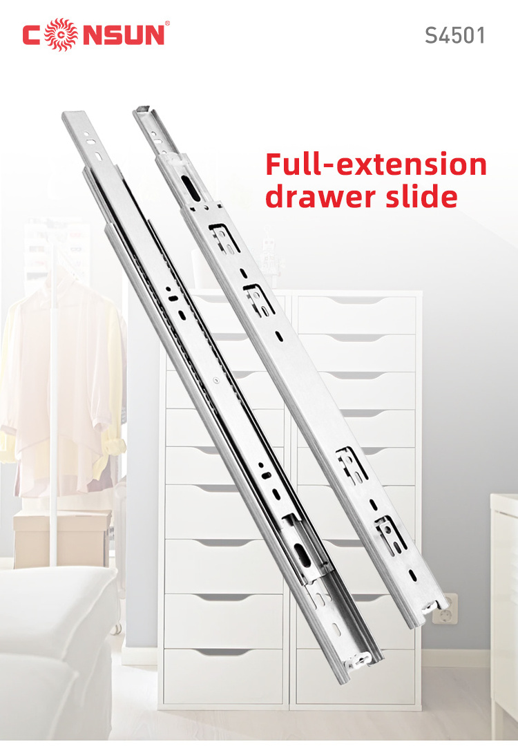 S4501 Directly Factory Heavy Duty Stainless Steel Full Extension Ball Bearing 3 Fold Telescopic Channel Drawer Rails Slides