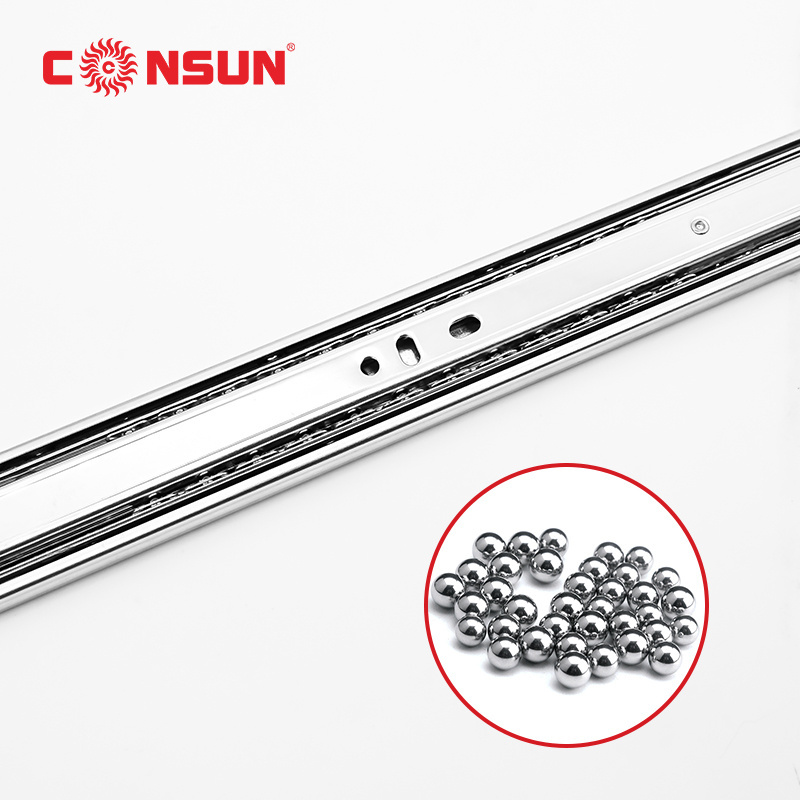 Full extension Stainless Steel 3 fold furniture hardware ball bearing telescopic channel kitchen cabinet drawer slide