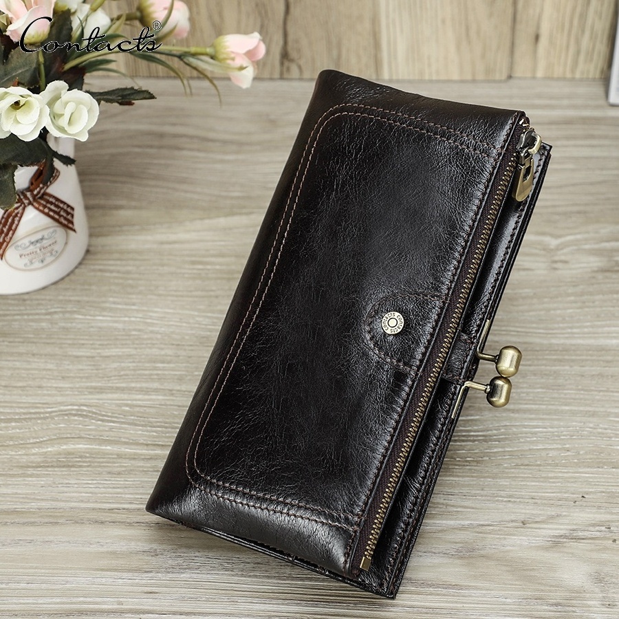 Women's Genuine Leather RFID Clutch Wallet Metal Frame Mobile Phone Wallet For Women Ladies Card Phone Wallet Coin Purse