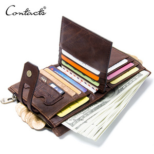 Contact's Wholesale Vintage 14-Card-Slot Crazy Horse Genuine Leather Bifold Wallet for men with zipper coin pockets