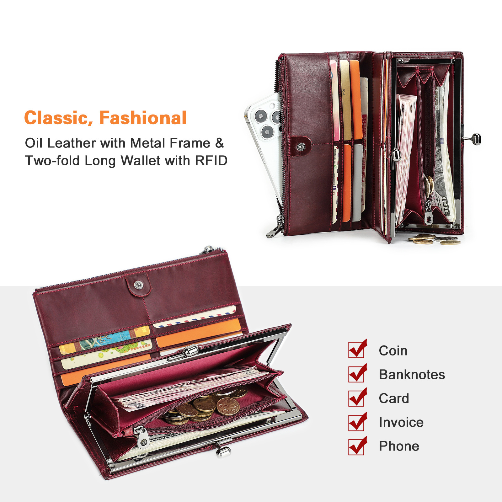 Women's Genuine Leather RFID Clutch Wallet Metal Frame Mobile Phone Wallet For Women Ladies Card Phone Wallet Coin Purse