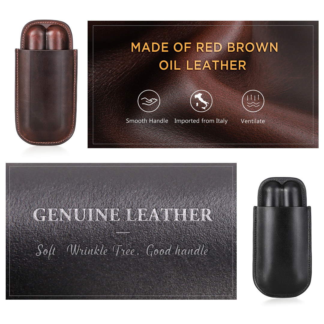 Factory Price Portable Genuine Leather Cigar Box Travel Humidor Holder 2 Tube Cigar Case leather