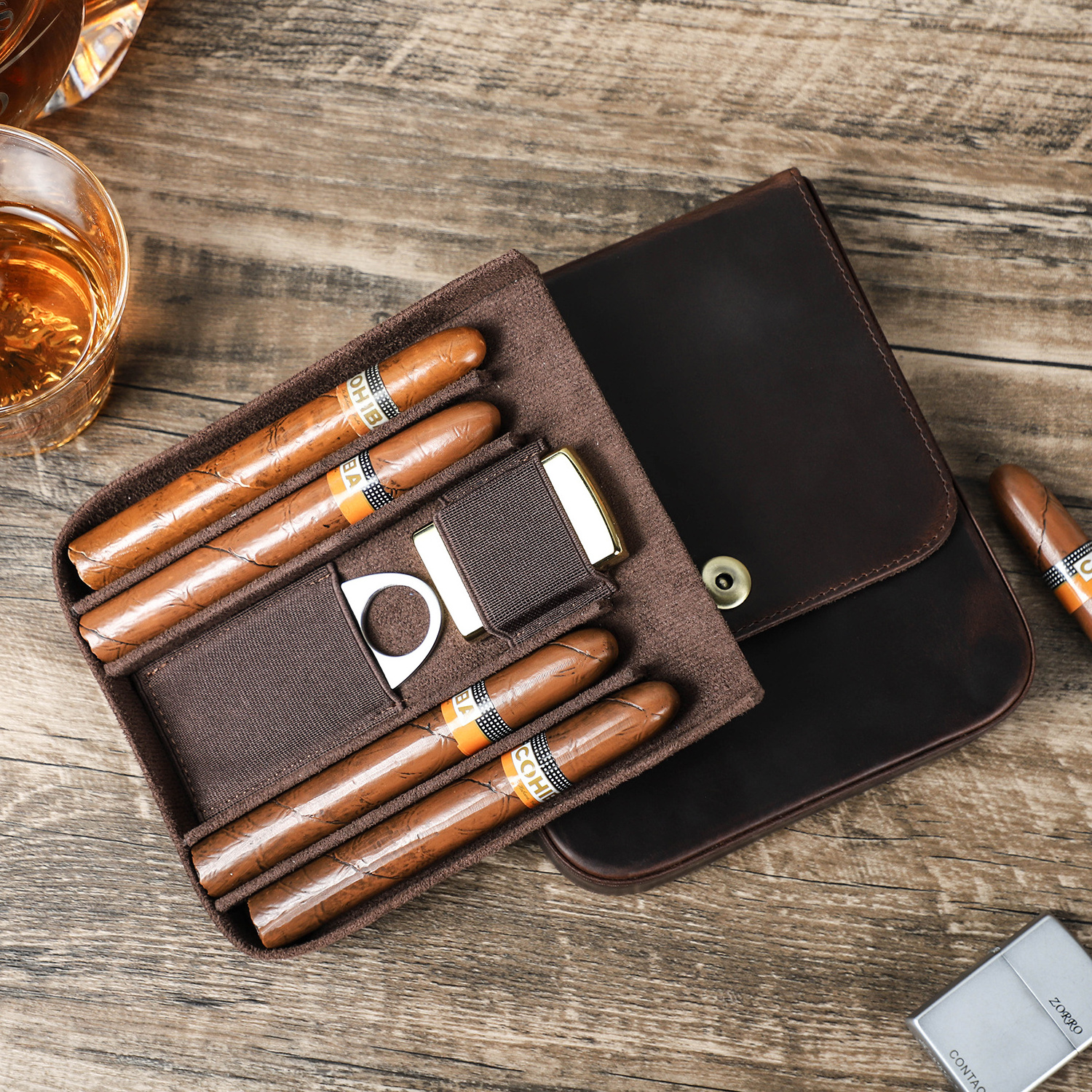 Genuine Leather 4 Slot Cigar Humidor Case with Cutter Lighter Slot Sliding Tray Design Travel Case Cigar Leather Box Holder