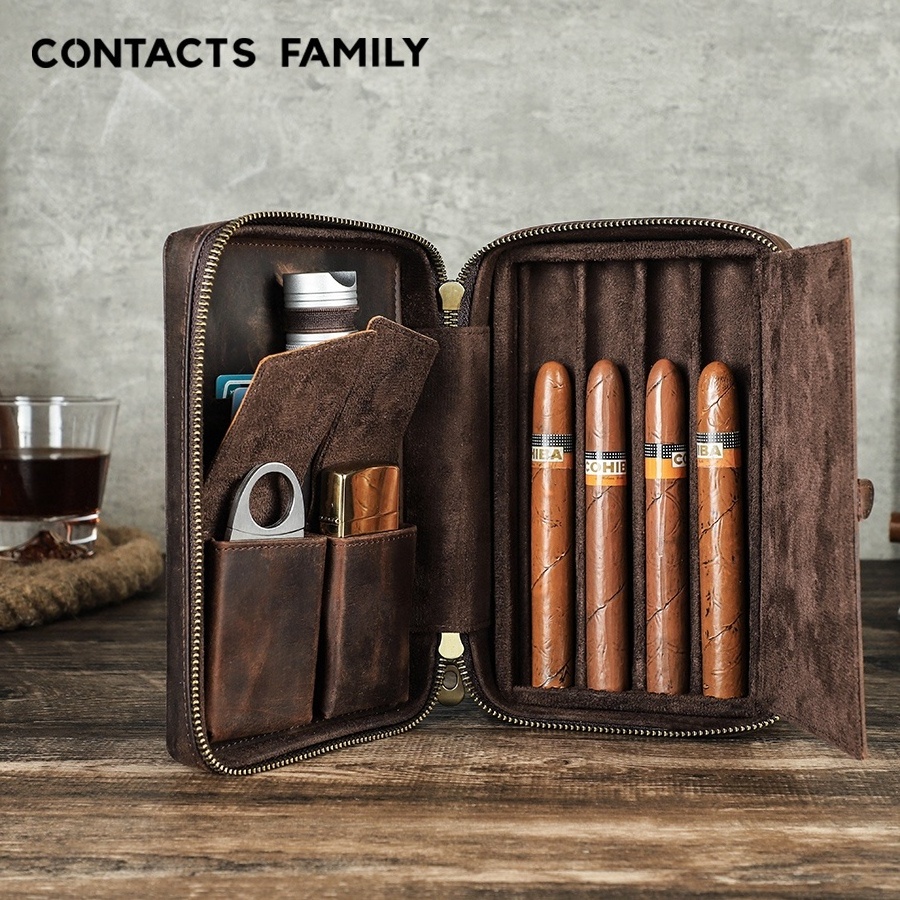 Luxury Coffee Leather 4 Holder Cigar Humidor Case Portable Wristlet Travel Cigar Humidor Bag with Cigar Cutter Lighter Slots