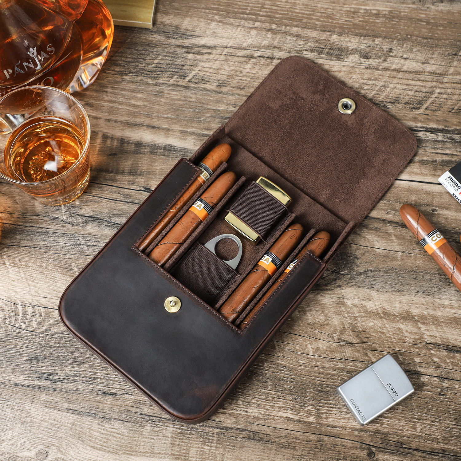 Genuine Leather 4 Slot Cigar Humidor Case with Cutter Lighter Slot Sliding Tray Design Travel Case Cigar Leather Box Holder