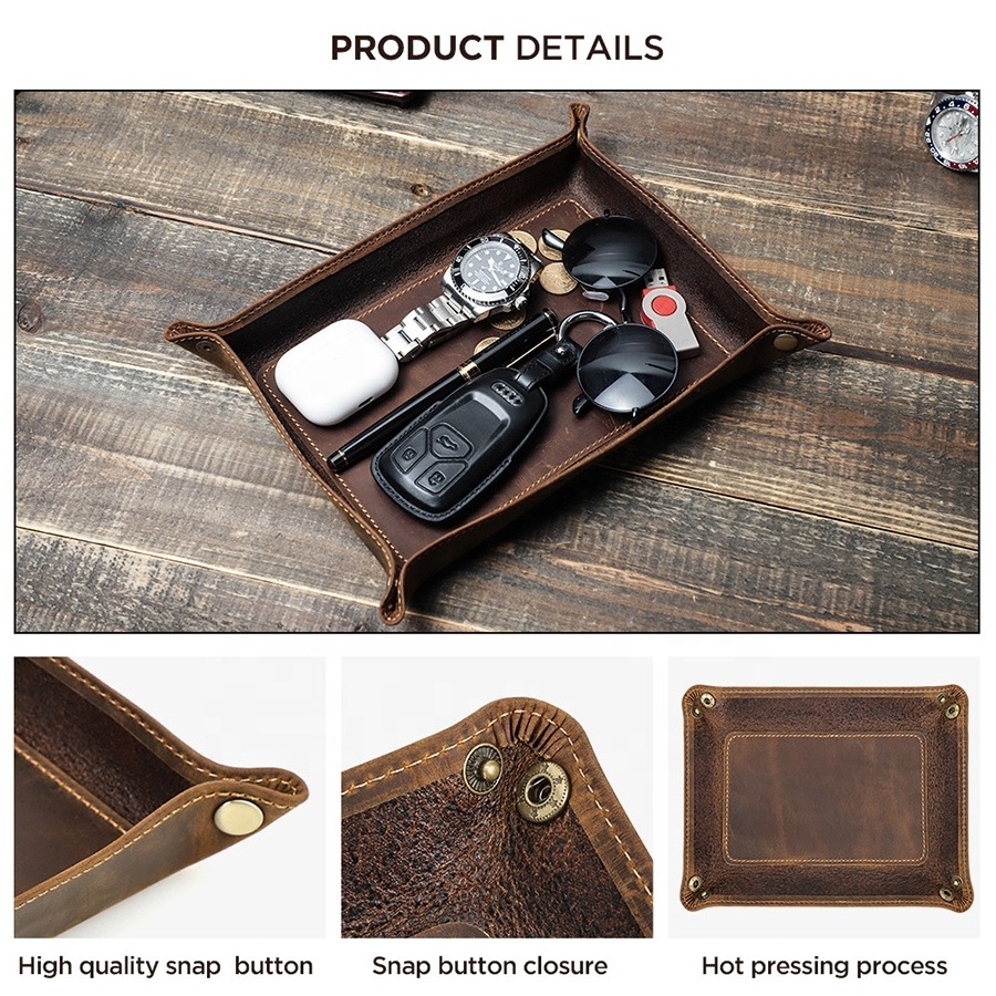 Luxury Desktop Cowhide Key Coin Organizer Valet Tray Genuine Leather Foldable Square jewelry Storage Trays