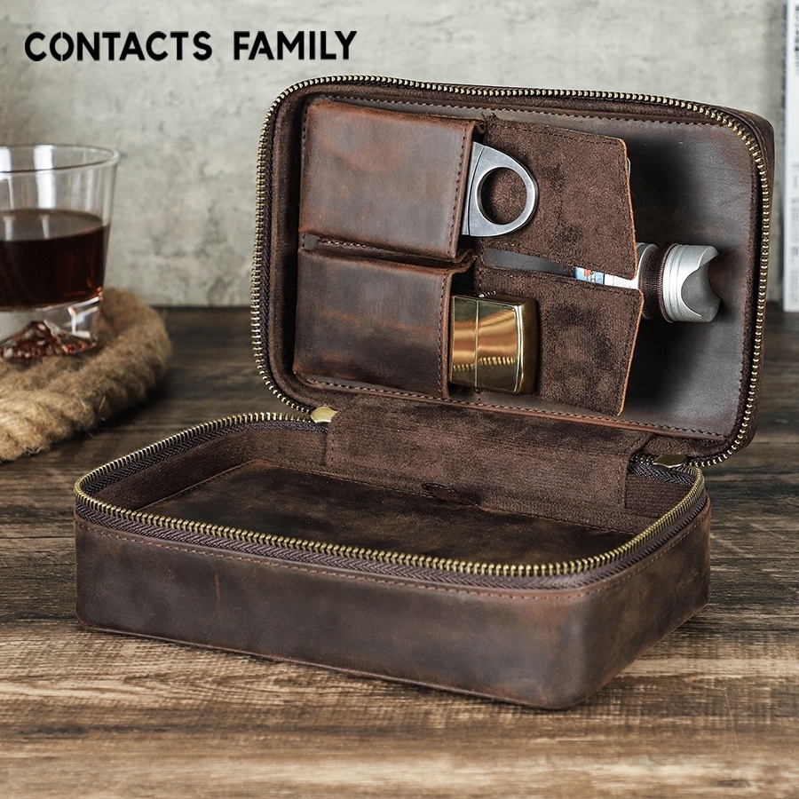 Luxury Coffee Leather 4 Holder Cigar Humidor Case Portable Wristlet Travel Cigar Humidor Bag with Cigar Cutter Lighter Slots