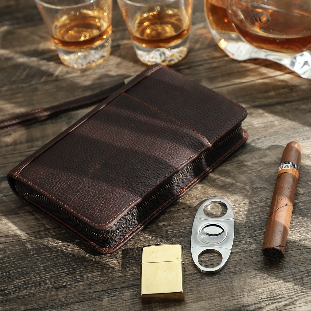 Custom Embossed Logo Cigars Humidor Tube Holder Lighter Cutter Box Storage Portable Travel Luxury Genuine Leather Cigar Case Bag