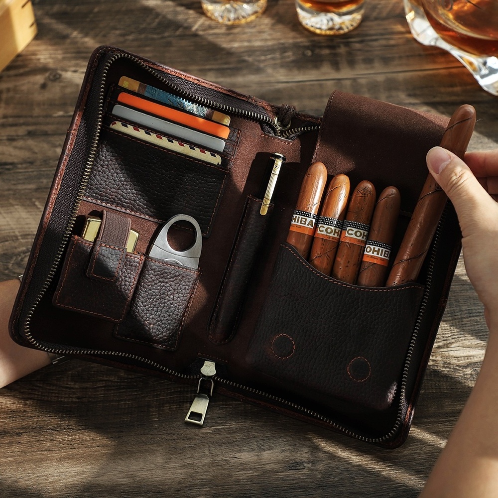 Custom Embossed Logo Cigars Humidor Tube Holder Lighter Cutter Box Storage Portable Travel Luxury Genuine Leather Cigar Case Bag