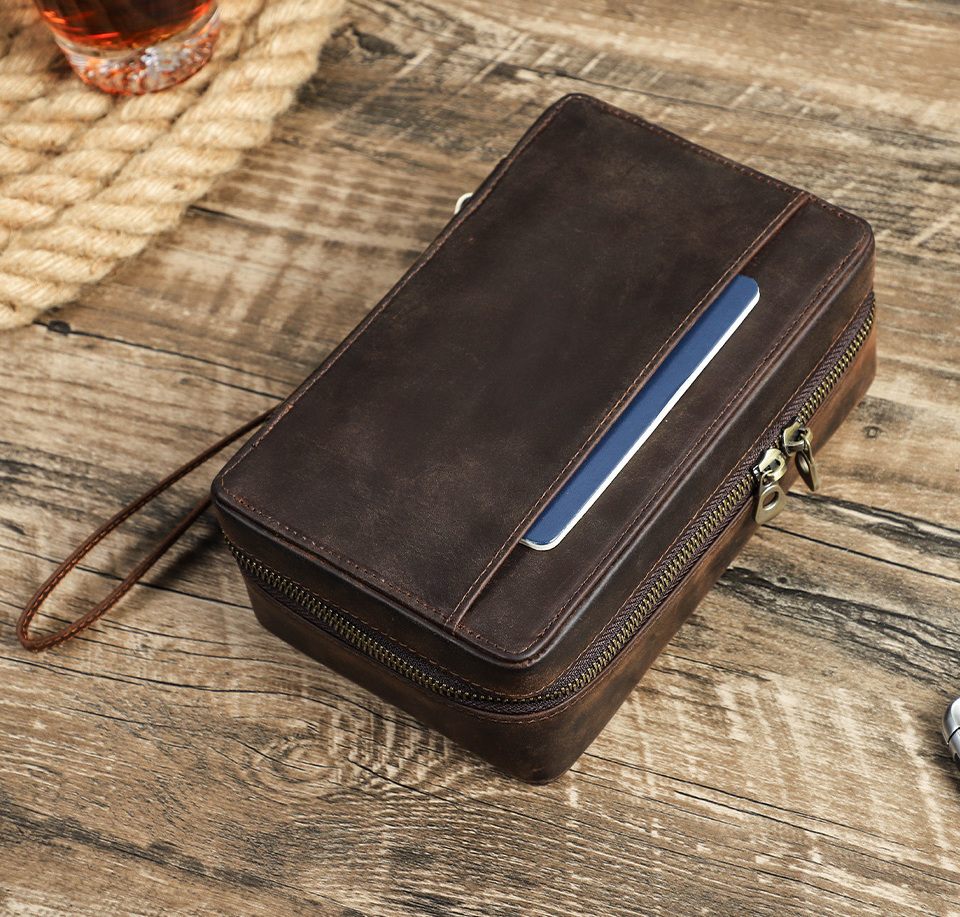 Luxury Coffee Leather 4 Holder Cigar Humidor Case Portable Wristlet Travel Cigar Humidor Bag with Cigar Cutter Lighter Slots