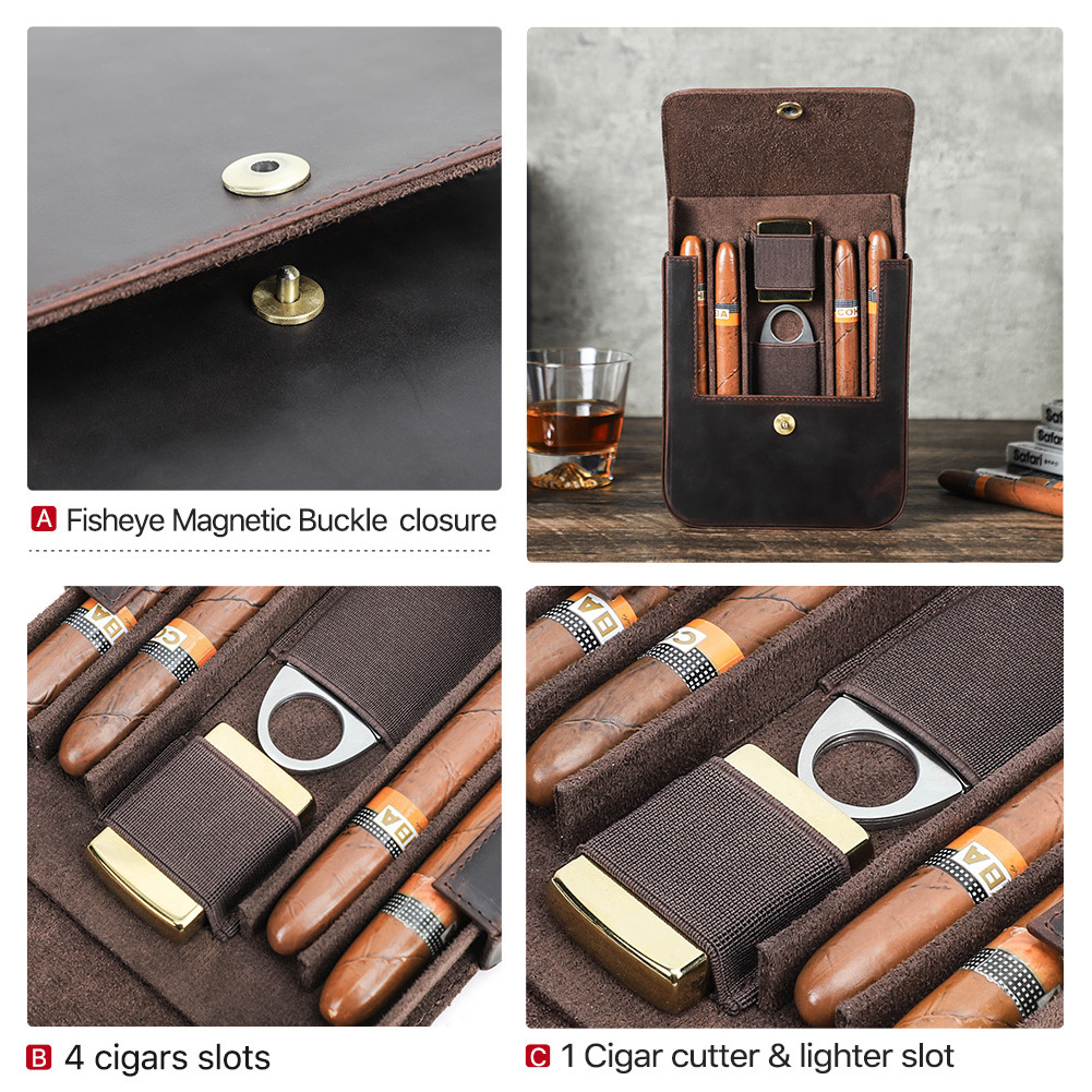 Genuine Leather 4 Slot Cigar Humidor Case with Cutter Lighter Slot Sliding Tray Design Travel Case Cigar Leather Box Holder