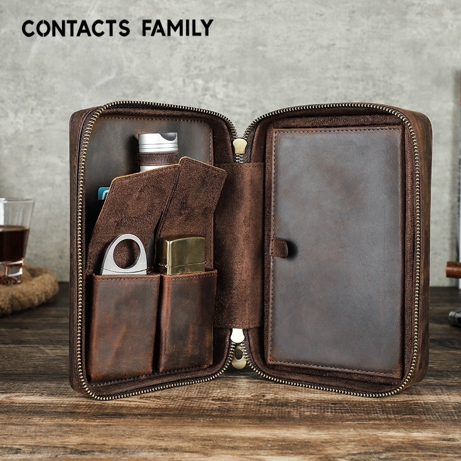 Luxury Coffee Leather 4 Holder Cigar Humidor Case Portable Wristlet Travel Cigar Humidor Bag with Cigar Cutter Lighter Slots