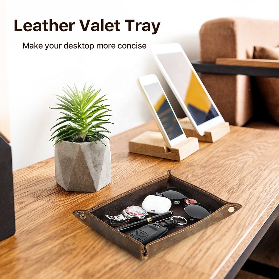 Luxury Desktop Cowhide Key Coin Organizer Valet Tray Genuine Leather Foldable Square jewelry Storage Trays