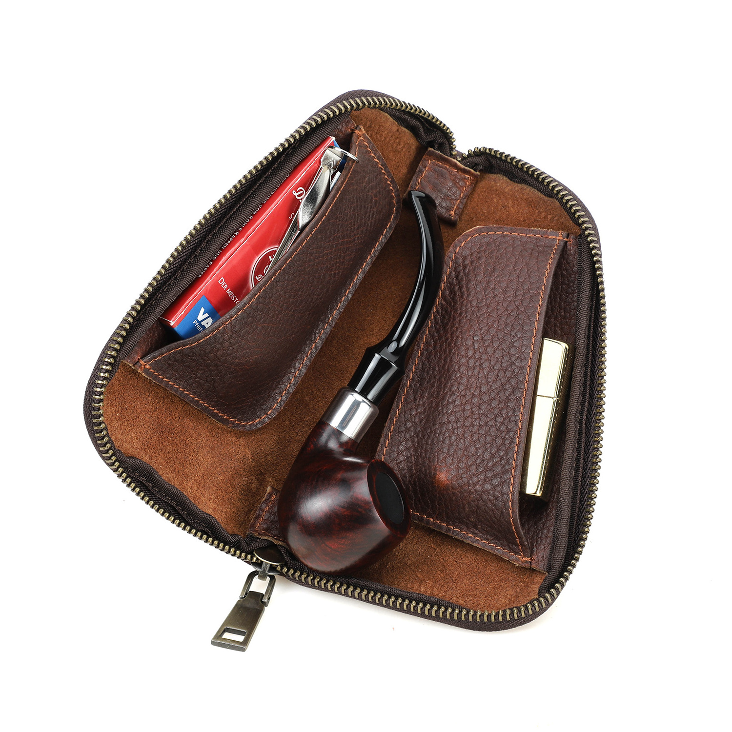 Genuine Leather Travel Smoking Pipes Storage Holder Pouch Case Bag For Tobacco Pipe Lighter Men