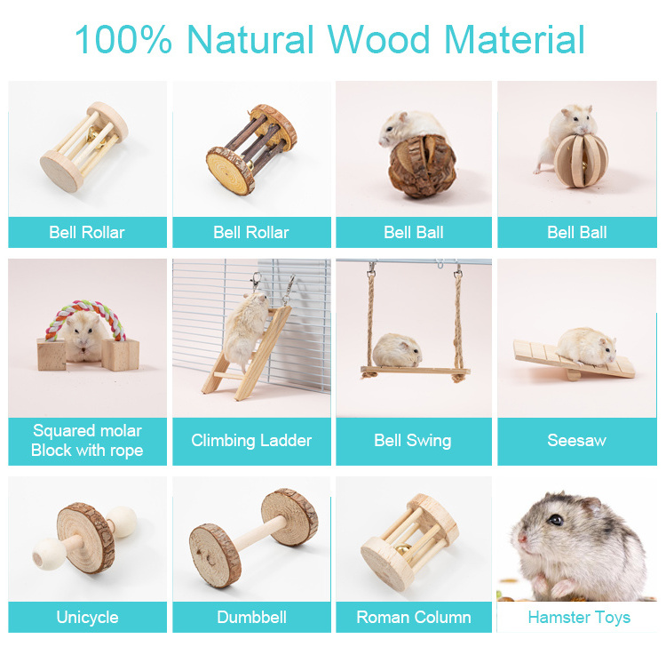 Natural Wooden Hamster Toys, Hammock Swing Pet Supplies Hamster Chew Toys Set for Rabbit Guinea Pig Parrot