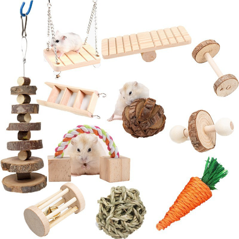 Natural Wooden Hamster Toys, Hammock Swing Pet Supplies Hamster Chew Toys Set for Rabbit Guinea Pig Parrot