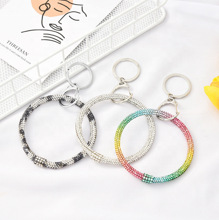 Wholesale Bling Colorful Rhinestone Wristlet Keychain Bangle Key Ring Crystal Bracelet Keychain