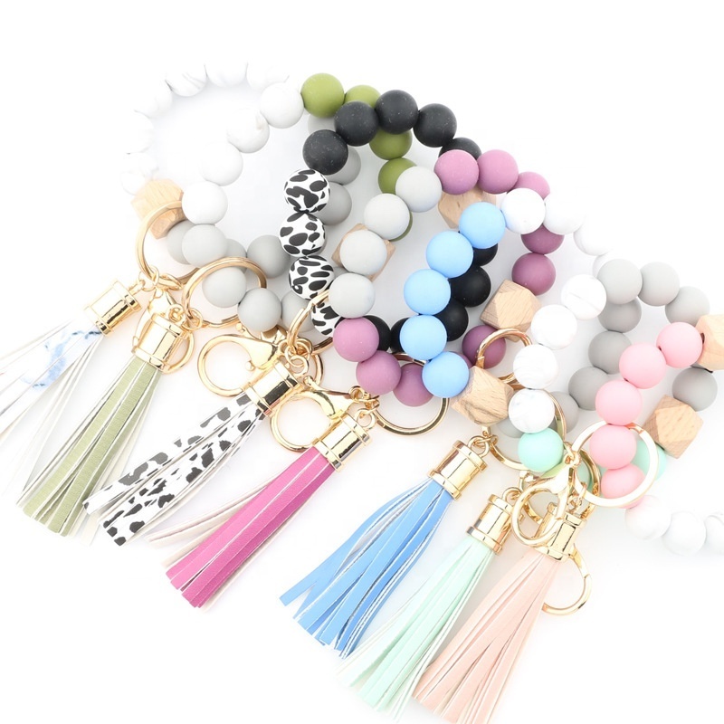 2022 Custom Silicone Beads Elastic Bangle Bracelet Keychain Leather Tassel Silicone Beads Bracelet Wristlet Keychain