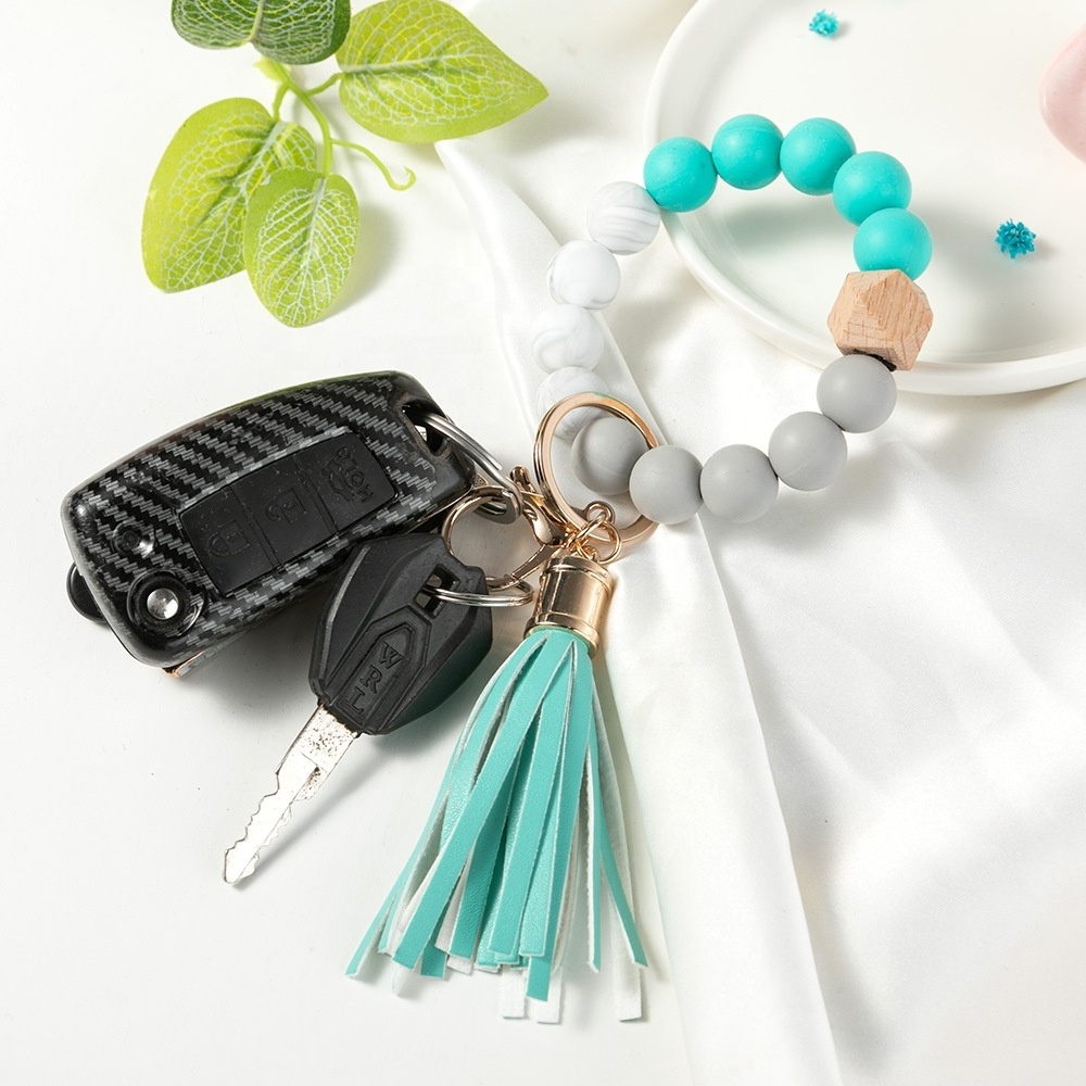 2022 Custom Silicone Beads Elastic Bangle Bracelet Keychain Leather Tassel Silicone Beads Bracelet Wristlet Keychain