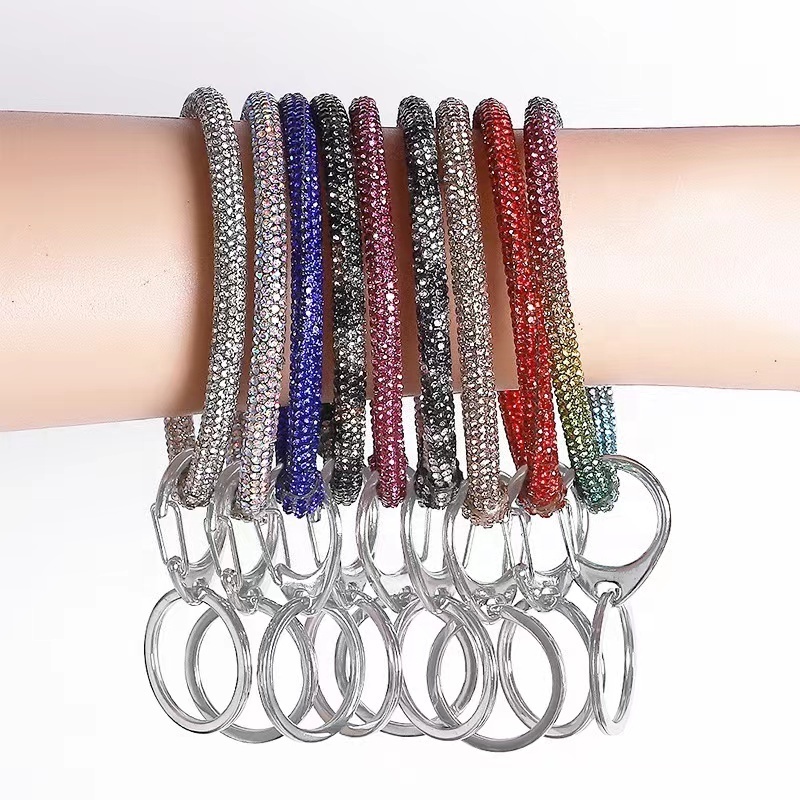 Wholesale Bling Colorful Rhinestone Wristlet Keychain Bangle Key Ring Crystal Bracelet Keychain