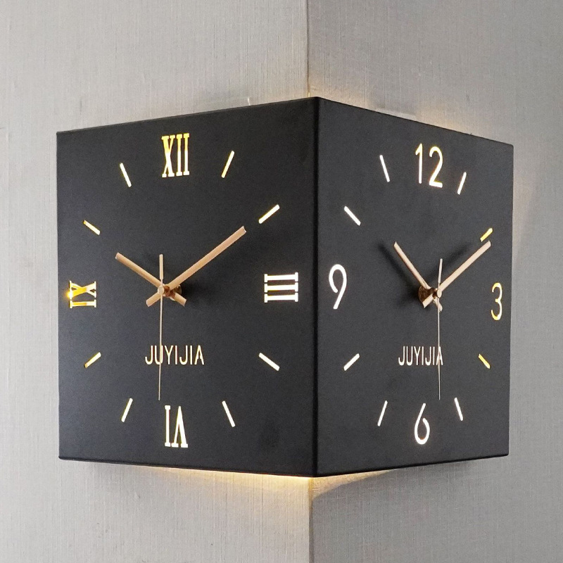 Hot Sales Modern Induction Luminous Corner Wall Clock Square Living Room Decoration Simple Double Sided Wall Clock