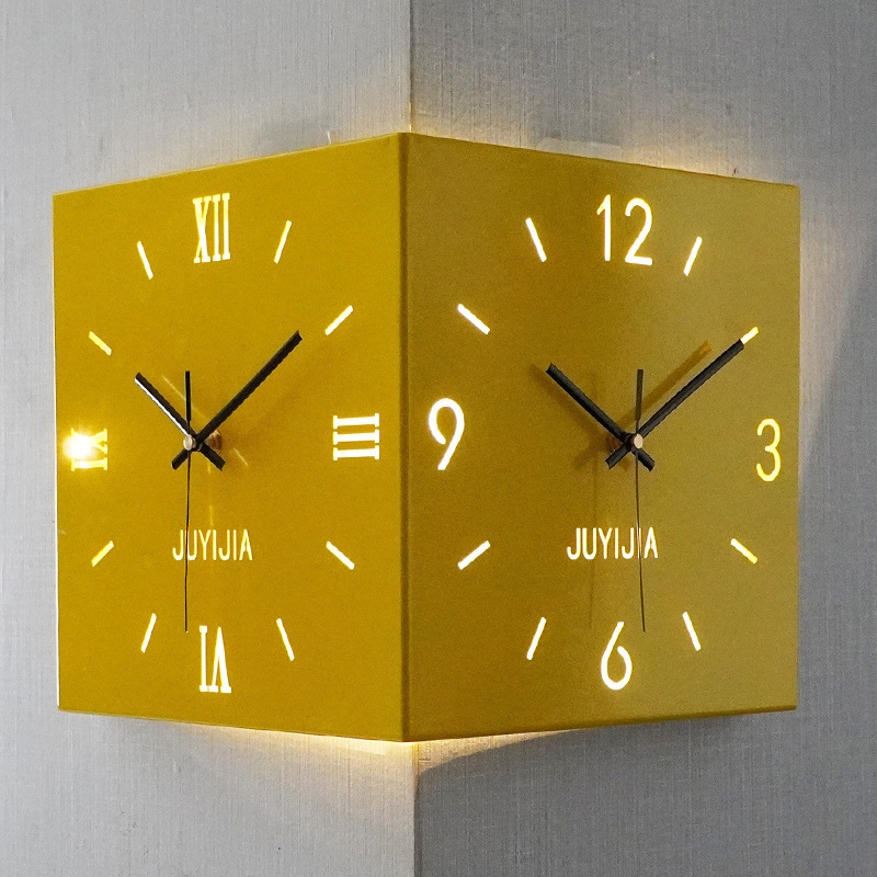 Hot Sales Modern Induction Luminous Corner Wall Clock Square Living Room Decoration Simple Double Sided Wall Clock