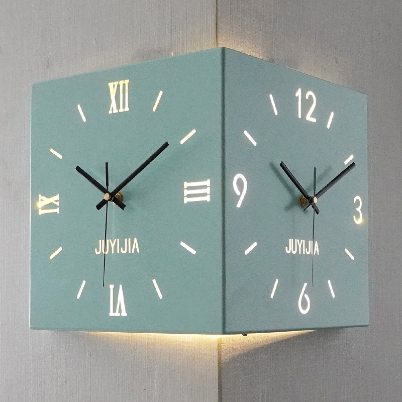 Hot Sales Modern Induction Luminous Corner Wall Clock Square Living Room Decoration Simple Double Sided Wall Clock