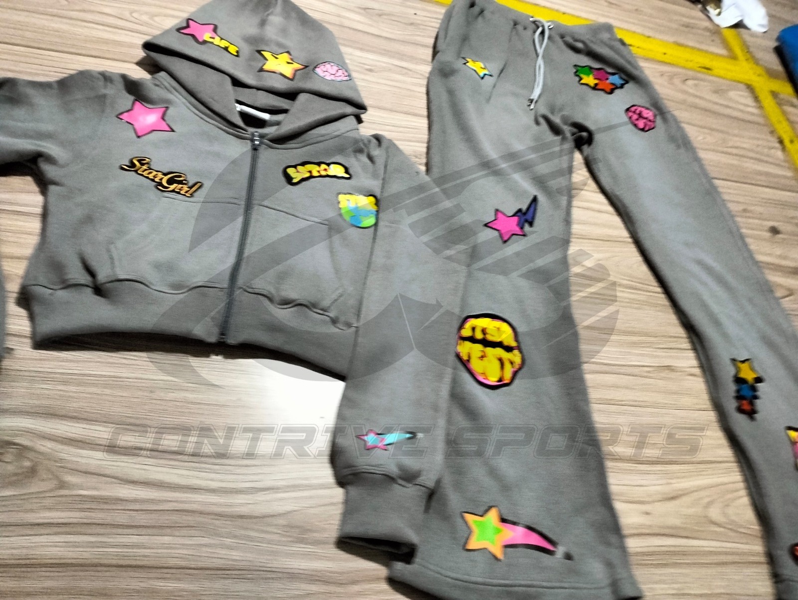 2024 Custom Patch Work Screen Print Acid Wash Vintage Crop Woman Sets Tracksuit Set Women's Stacked Pants & Hoodie